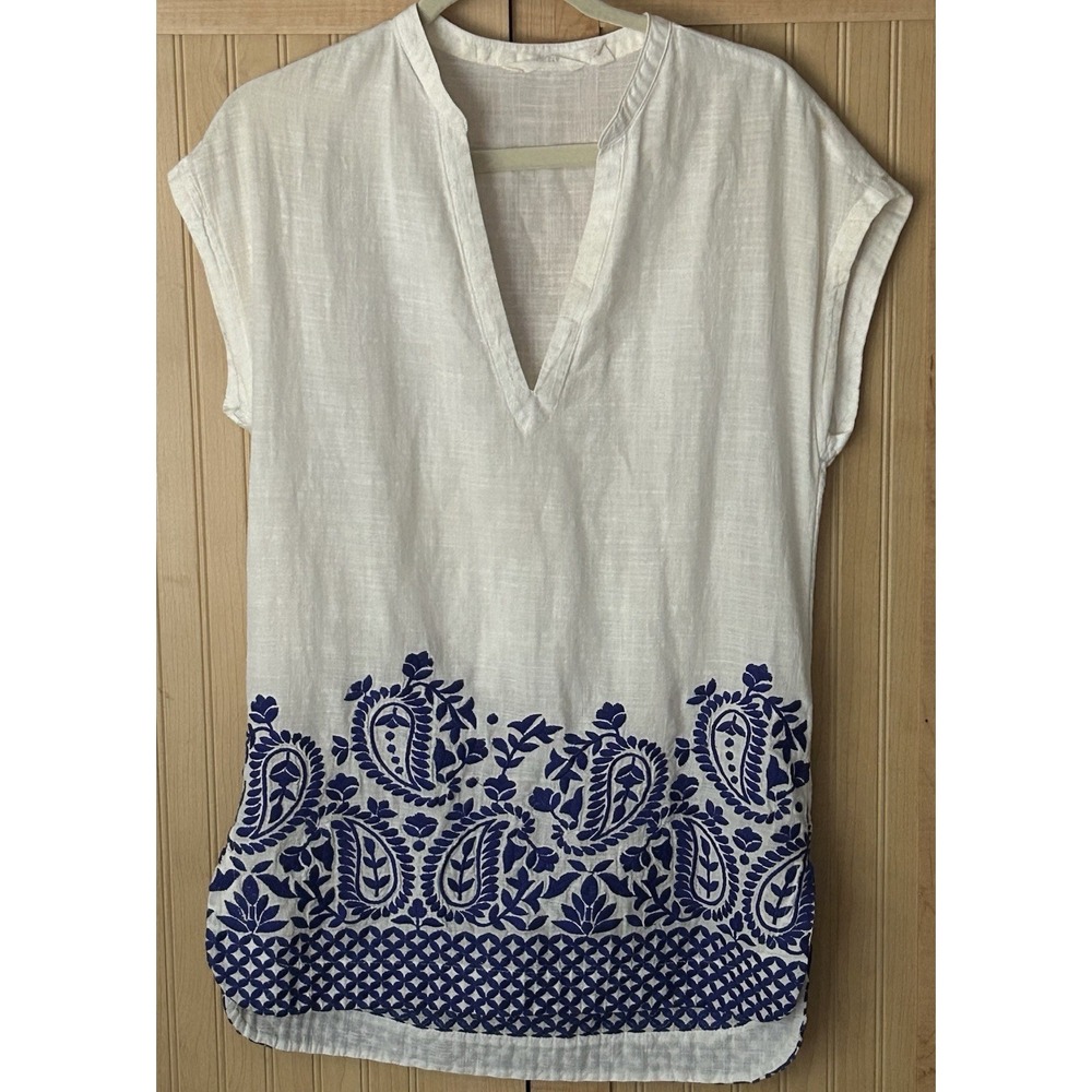 Athleta Cotton Embroidered Paisley Swim/Tunic V Neck/White Blue Size XXS